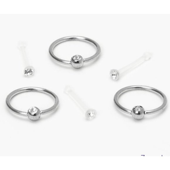 New set of 6 stainless steel Crystal nose rings and retainers - Picture 1 of 5